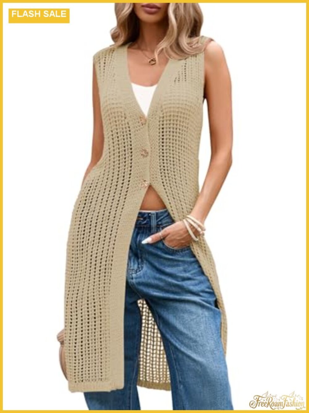 Women's Sleeveless Crochet Cardigan Boho Long Vest